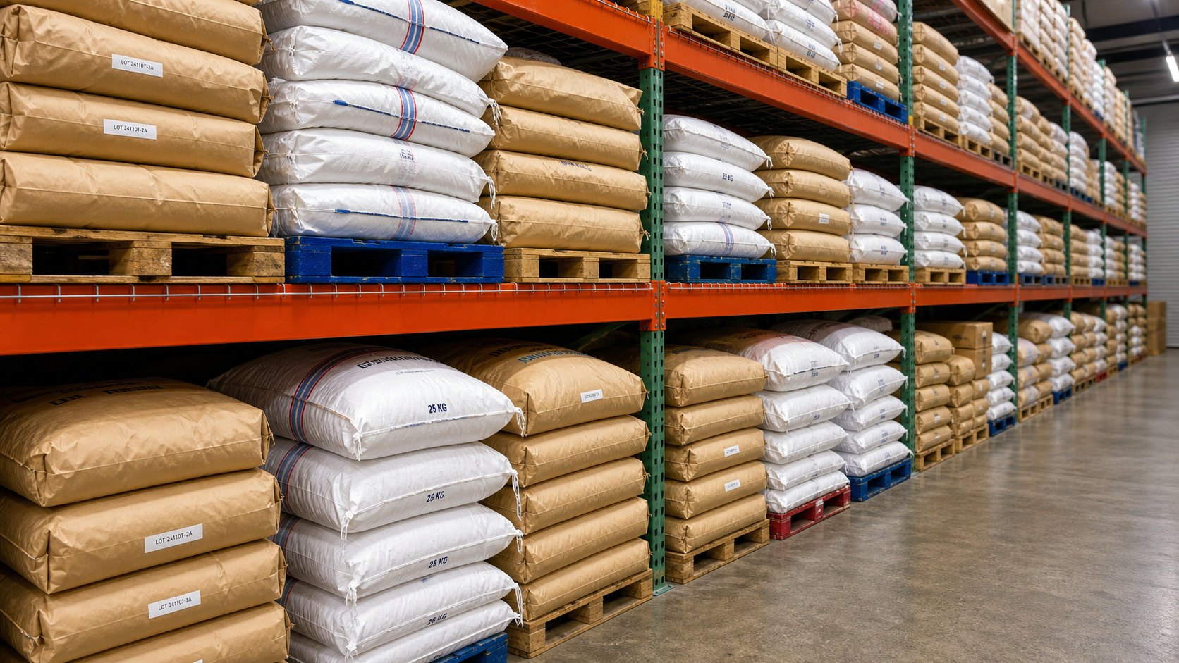 Bulk ingredient bags stacked on warehouse pallets