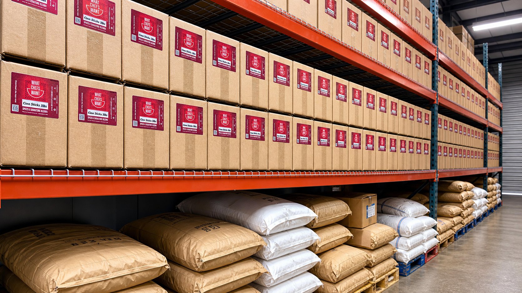 Private label spice boxes stocked on warehouse shelves