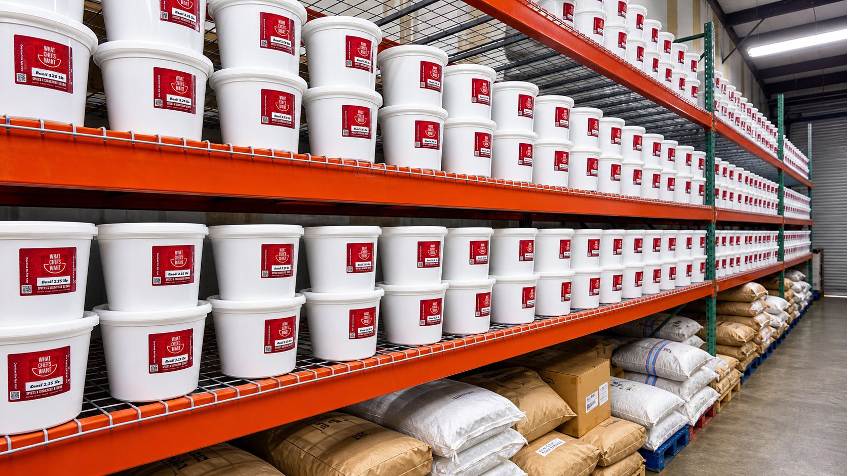 Warehouse shelves stocked with wholesale spice tubs and bulk ingredient bags